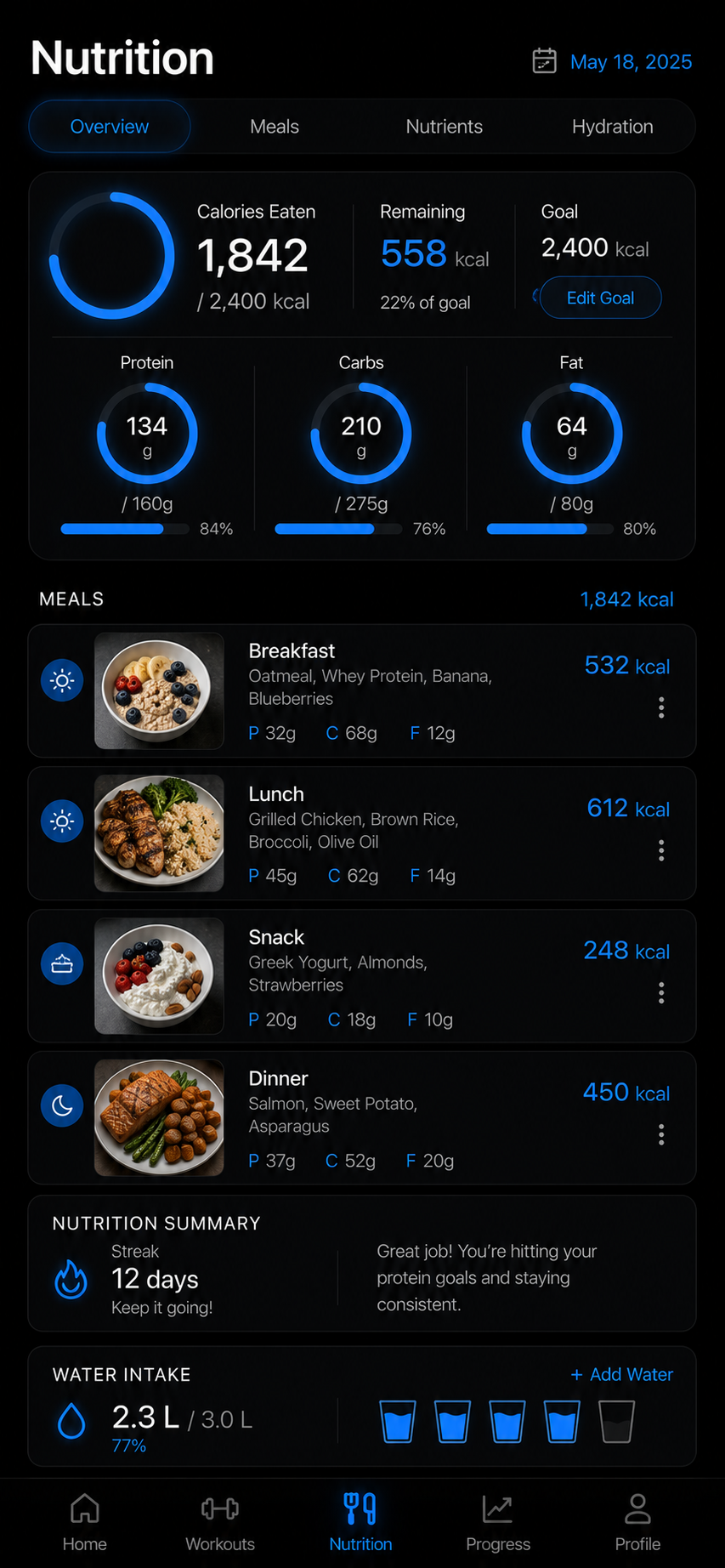True Standard Fitness dark-mode nutrition screen