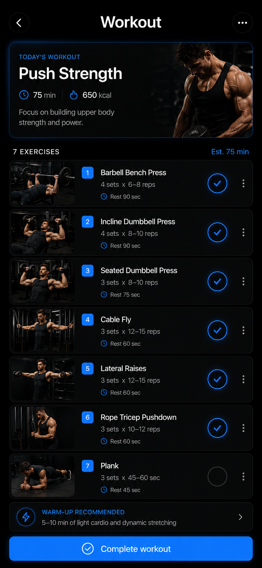 True Standard Fitness dark-mode workout screen
